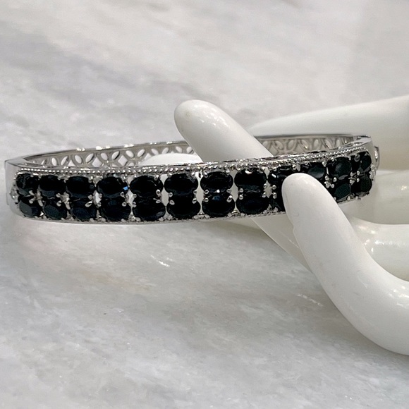Thai Black Spinel Double Row White Topaz Accent Silver Bangle